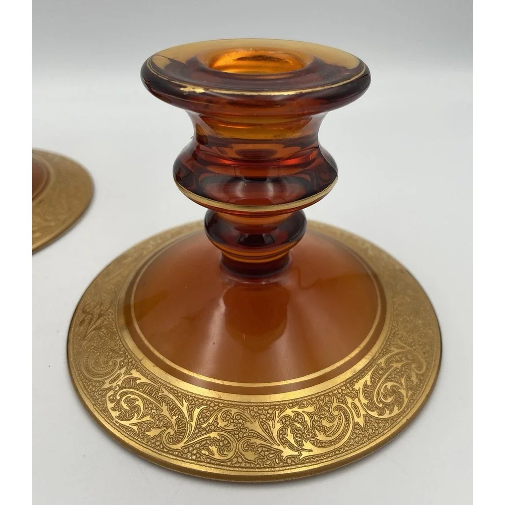 Vtg. Amber Glass Candle Holders Candlestick Pair Gold Encrusted Base Trim 1920's
